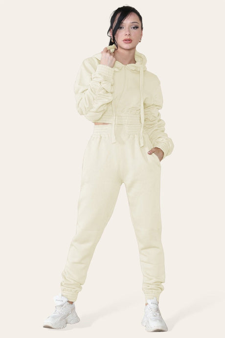 Ruched Sleeves Cropped Hoodie and Cropped Jogger Cuffed Bottom Loungewear Tracksuit Set