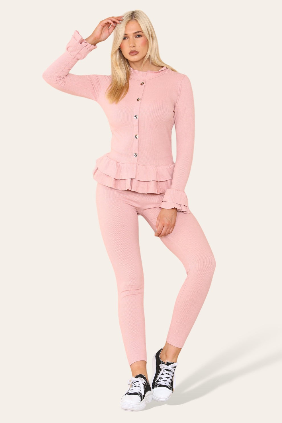 Long Sleeves Peplum Front Buttons Frilled Hem Lounge Wear Set