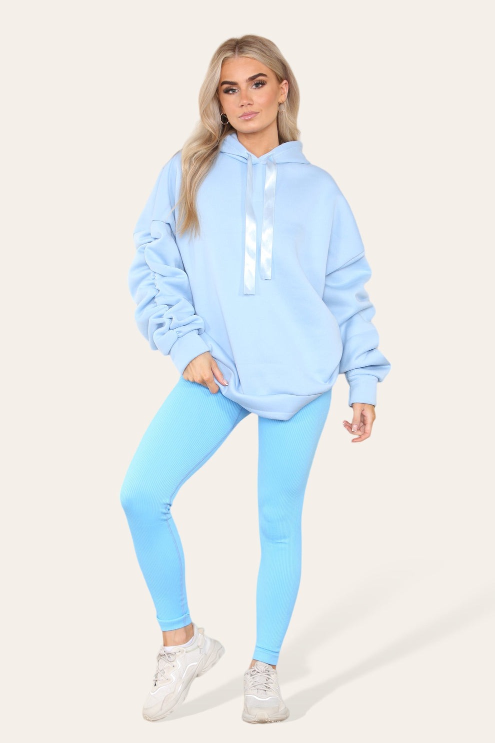 Sleeves Hoodie With Satin Ribbon with High Waist High Rise Seamless Ribbed Legging Set