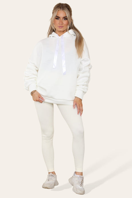 Sleeves Hoodie With Satin Ribbon with High Waist High Rise Seamless Ribbed Legging Set