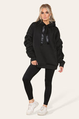 Sleeves Hoodie With Satin Ribbon with High Waist High Rise Seamless Ribbed Legging Set