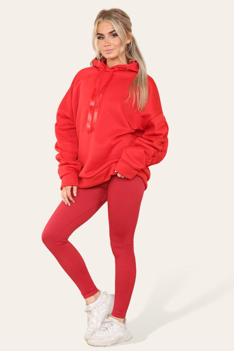 Sleeves Hoodie With Satin Ribbon with High Waist High Rise Seamless Ribbed Legging Set