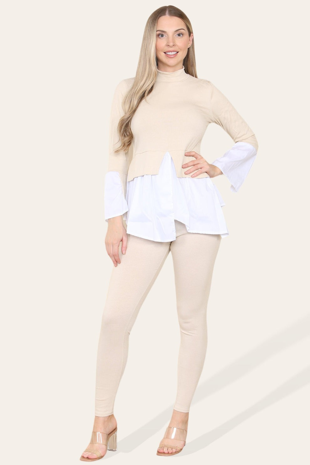 Ribbed Lounge Wear Flared Shirt and Leggings Co-Ord Set