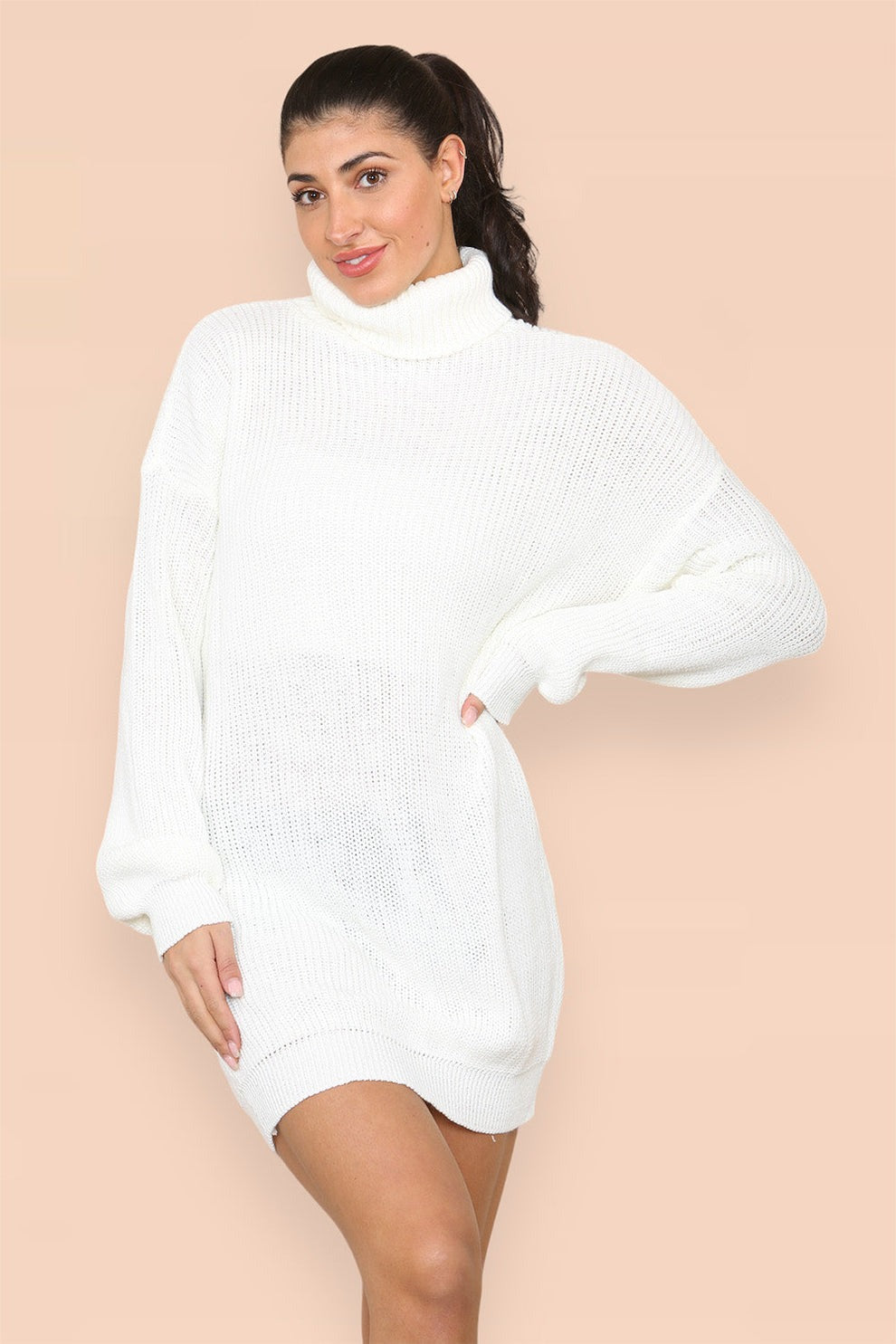 Polo Roll Neck Over Sized Ribbed Knitted Florescent Chunky Sweater Jumper Dress