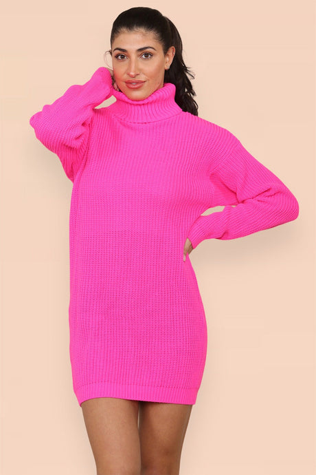 Polo Roll Neck Over Sized Ribbed Knitted Florescent Chunky Sweater Jumper Dress