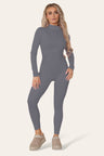 Ribbed High Neck Zipper Collar Jumpsuit Front Unitard Set