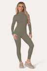 Ribbed High Neck Zipper Collar Jumpsuit Front Unitard Set