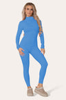 Ribbed High Neck Zipper Collar Jumpsuit Front Unitard Set