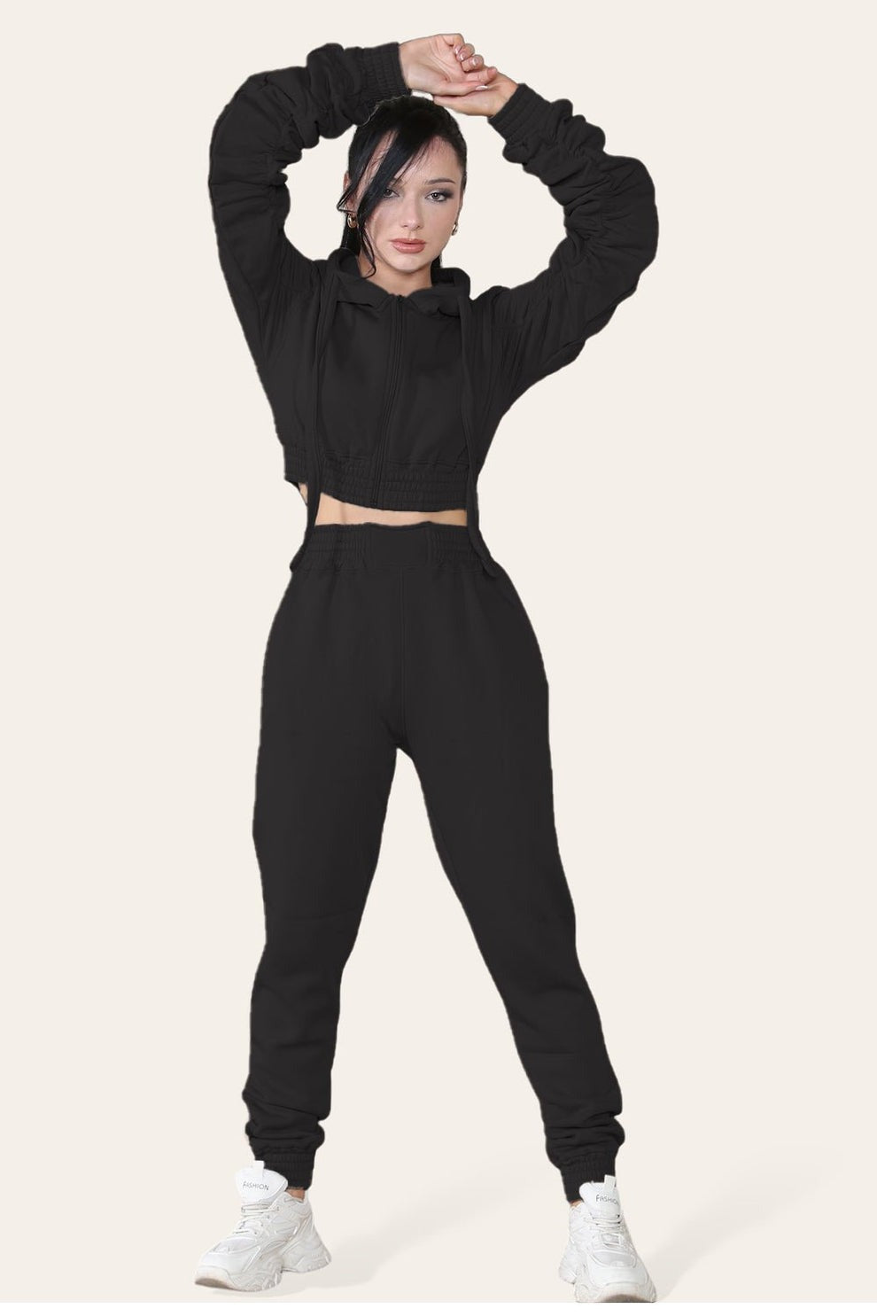 Ruched Sleeves Cropped Hoodie and Cropped Jogger Cuffed Bottom Loungewear Tracksuit Set