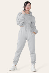 Ruched Sleeves Cropped Hoodie and Cropped Jogger Cuffed Bottom Loungewear Tracksuit Set