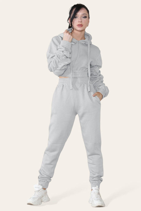 Ruched Sleeves Cropped Hoodie and Cropped Jogger Cuffed Bottom Loungewear Tracksuit Set