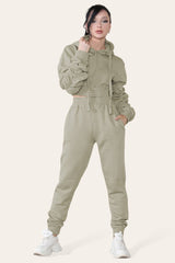 Ruched Sleeves Cropped Hoodie and Cropped Jogger Cuffed Bottom Loungewear Tracksuit Set