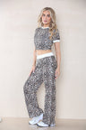 Leopard Print Ribbed Contrast Wide Leg Flared Trousers And Top Loungewear TRS  Cropped Set