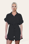 Pleated Ruffle Shirt Short Playsuit With Frill Hems