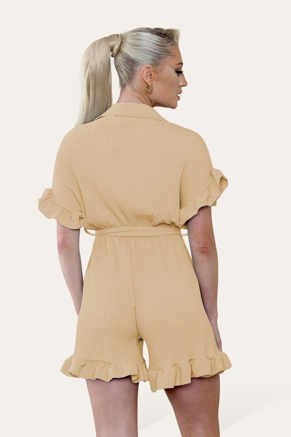 Pleated Ruffle Shirt Short Playsuit With Frill Hems