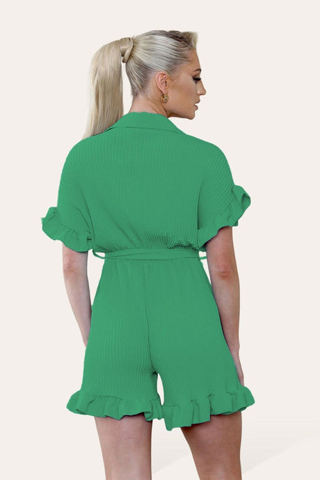 Pleated Ruffle Shirt Short Playsuit With Frill Hems