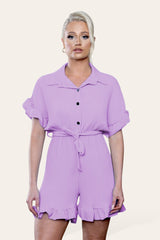 Pleated Ruffle Shirt Short Playsuit With Frill Hems