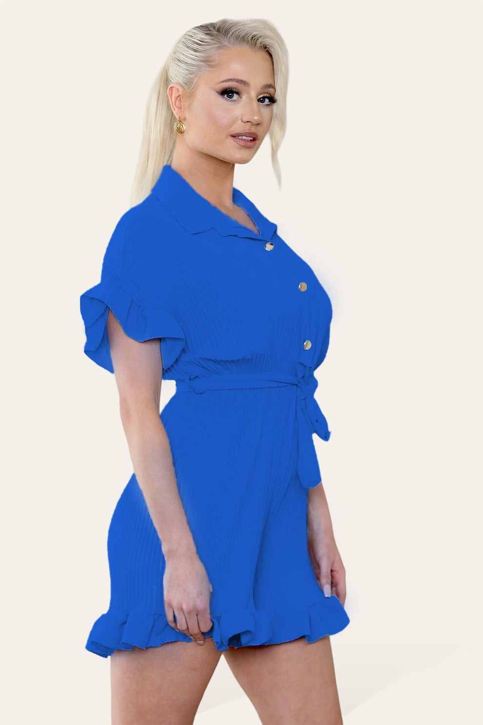 Pleated Ruffle Shirt Short Playsuit With Frill Hems