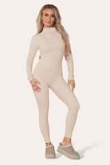 Ribbed High Neck Zipper Collar Jumpsuit Front Unitard Set