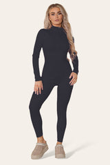 Ribbed High Neck Zipper Collar Jumpsuit Front Unitard Set