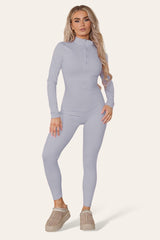 Ribbed High Neck Zipper Collar Jumpsuit Front Unitard Set