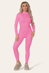 Ribbed High Neck Zipper Collar Jumpsuit Front Unitard Set