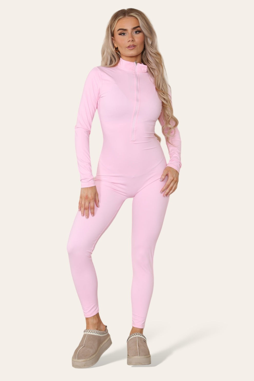 Ribbed High Neck Zipper Collar Jumpsuit Front Unitard Set