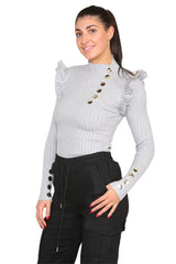 Ribbed Knit Gold Button Detail Jumper with Frill