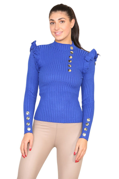 Ribbed Knit Gold Button Detail Jumper with Frill