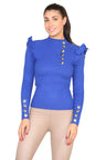 Ribbed Knit Gold Button Detail Jumper with Frill