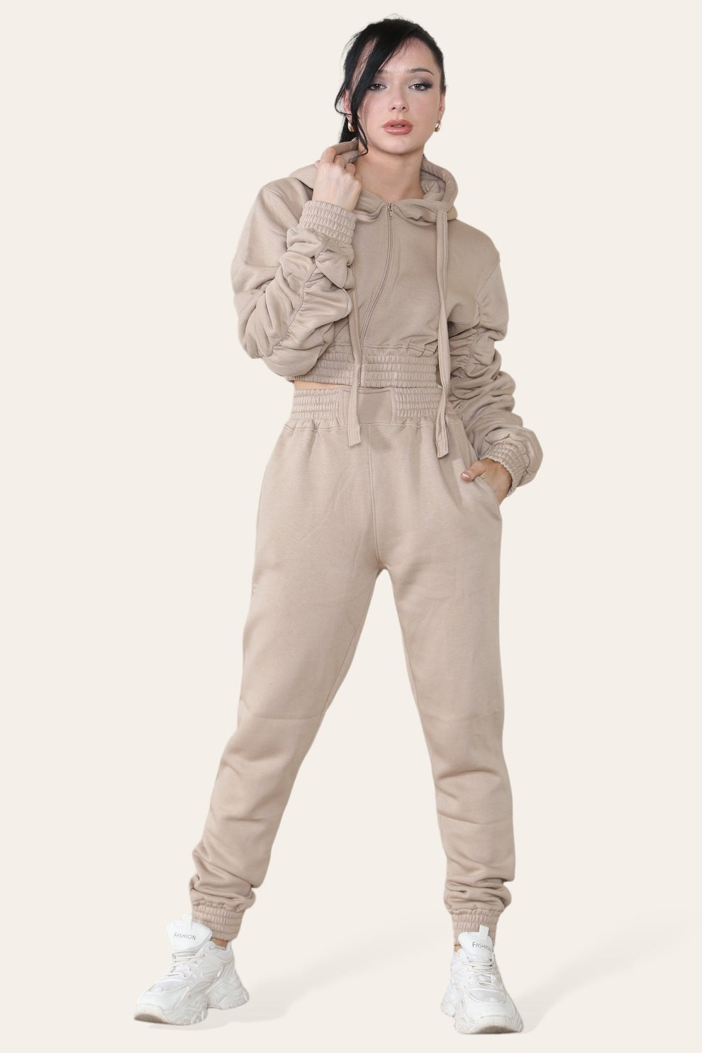 Ruched Sleeves Cropped Hoodie and Cropped Jogger Cuffed Bottom Loungewear Tracksuit Set