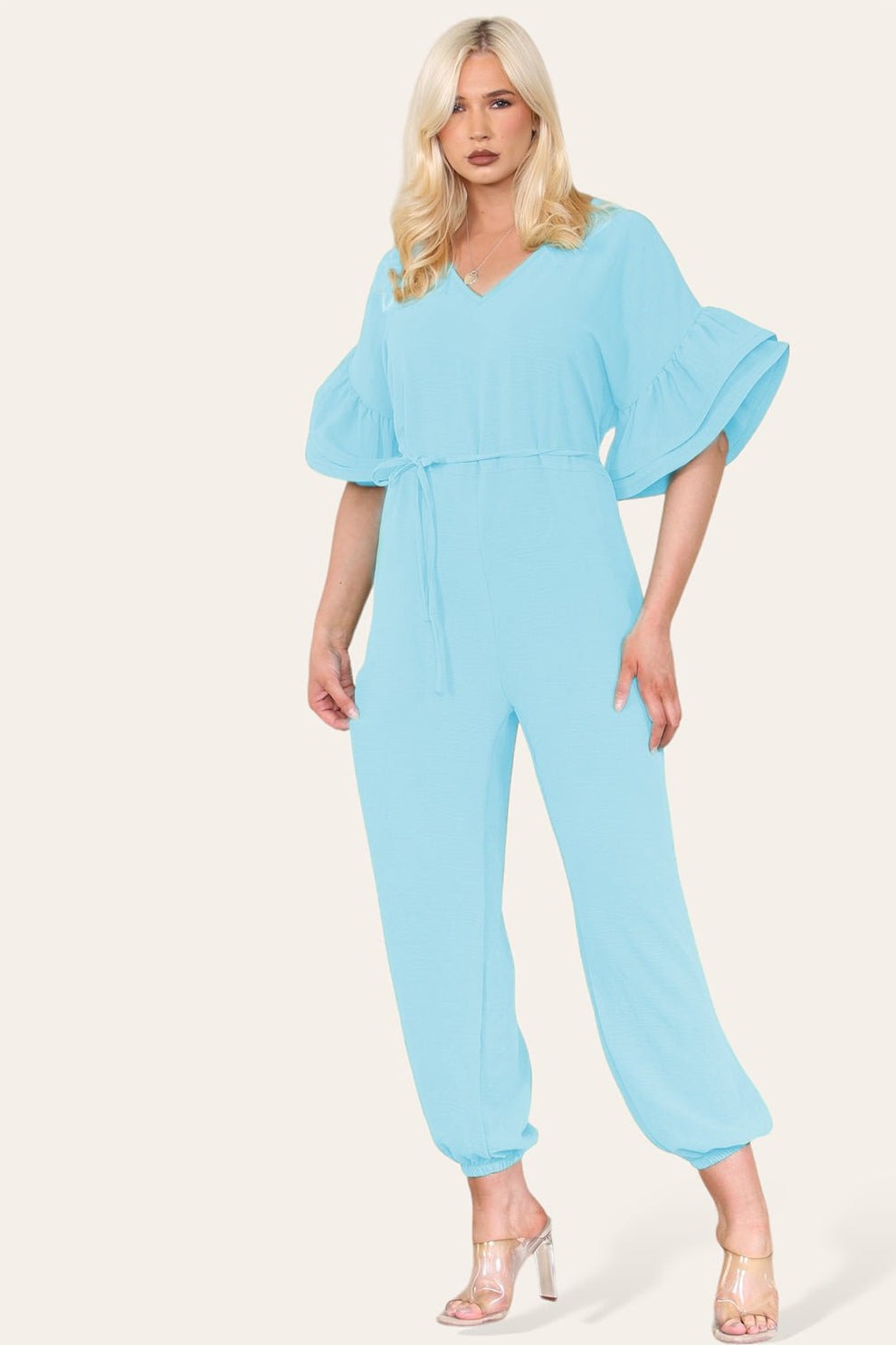 Ruffle Sleeves Frill Tie Jumpsuit