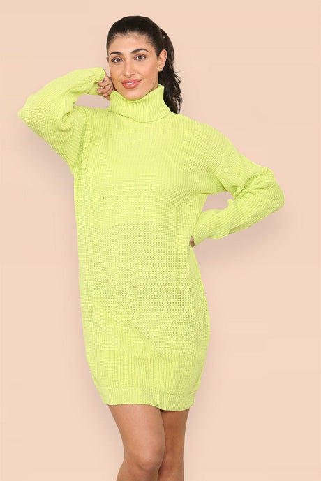 Polo Roll Neck Over Sized Ribbed Knitted Florescent Chunky Sweater Jumper Dress