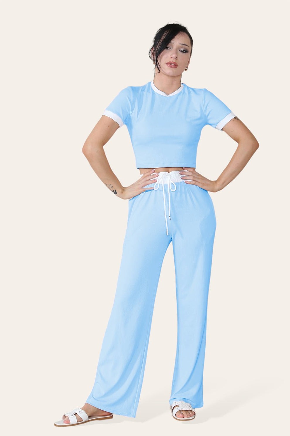 Ribbed Contrast Wide Leg Flared Trousers And Top Loungewear TRS Cropped Set