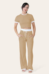 Ribbed Contrast Wide Leg Flared Trousers And Top Loungewear TRS Cropped Set