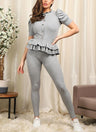 Short Sleeves Two Piece Suit with Ribbed Legging Co-Ord Top Gold Button Frill Hem Peplum Ribbed Lounge Set