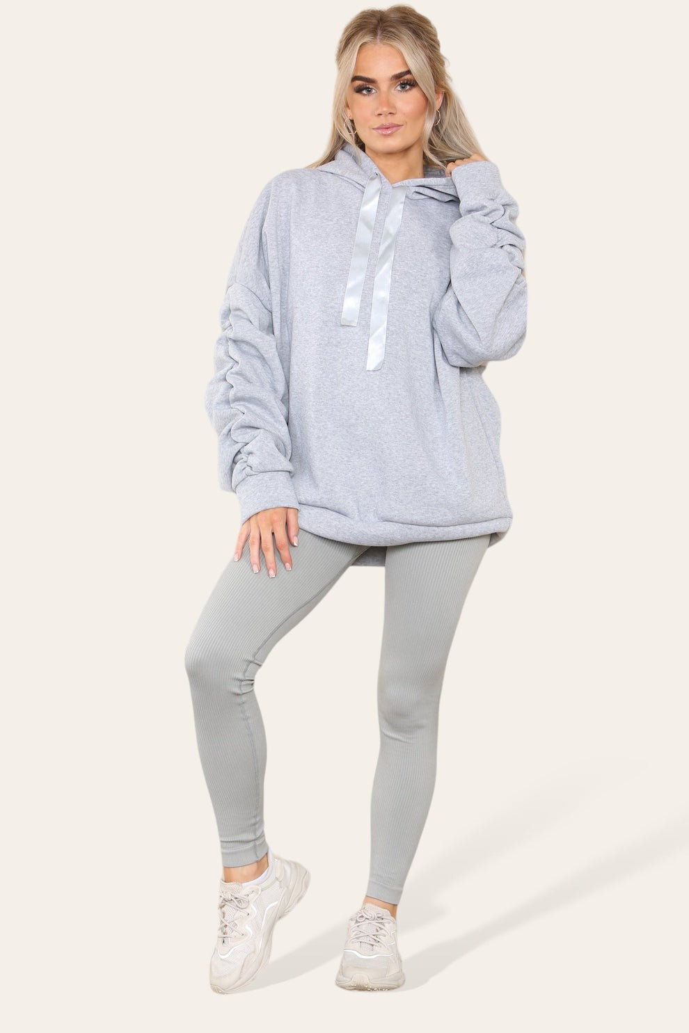 Sleeves Hoodie With Satin Ribbon with High Waist High Rise Seamless Ribbed Legging Set