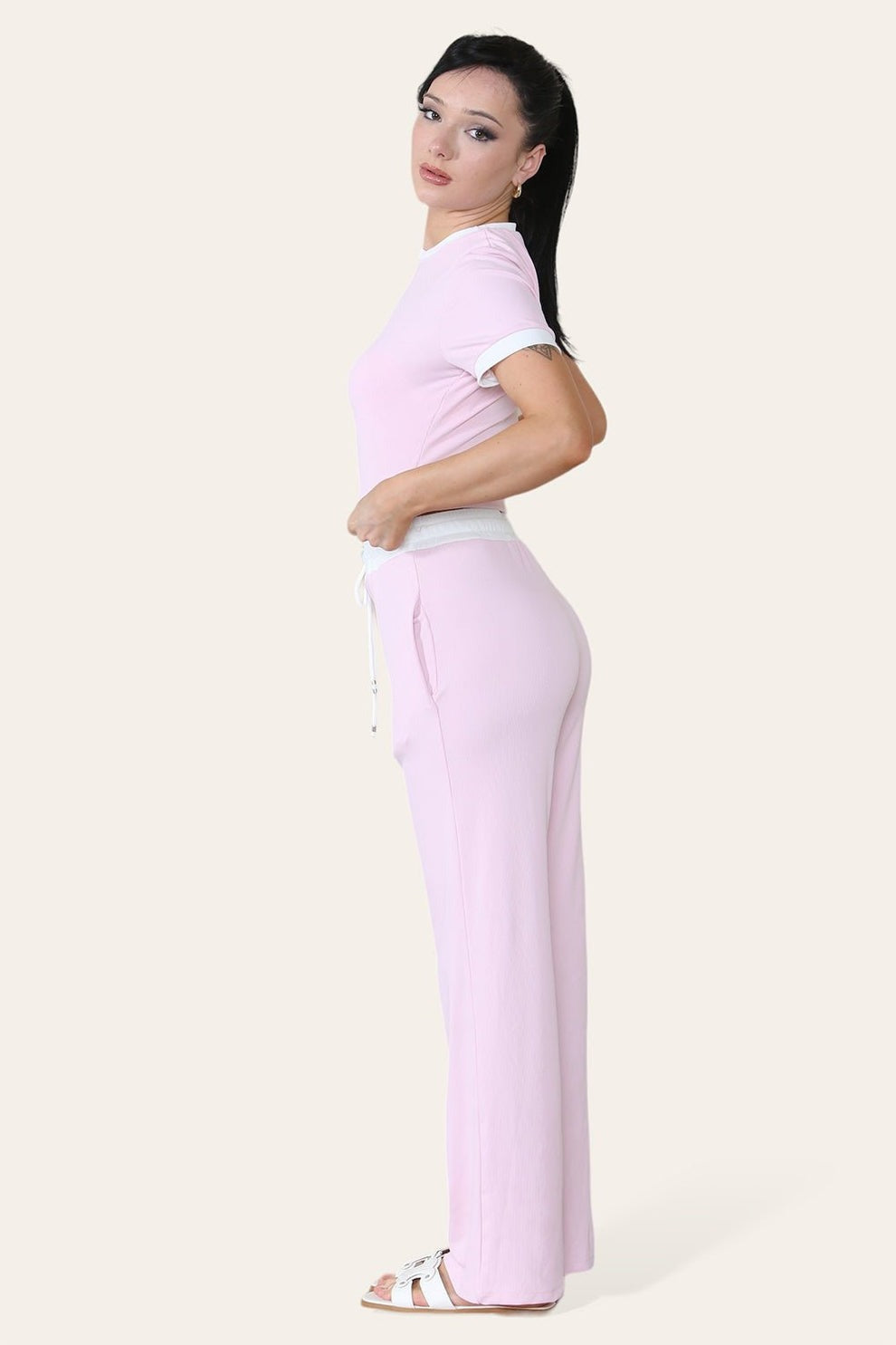 Ribbed Contrast Wide Leg Flared Trousers And Top Loungewear TRS Cropped Set