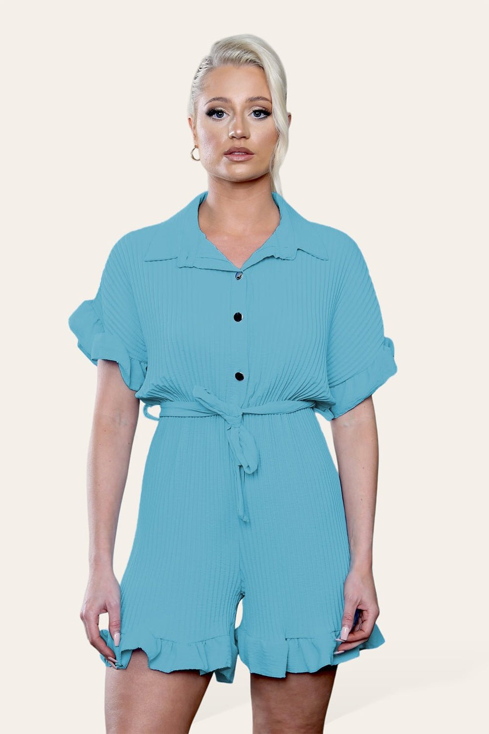 Pleated Ruffle Shirt Short Playsuit With Frill Hems