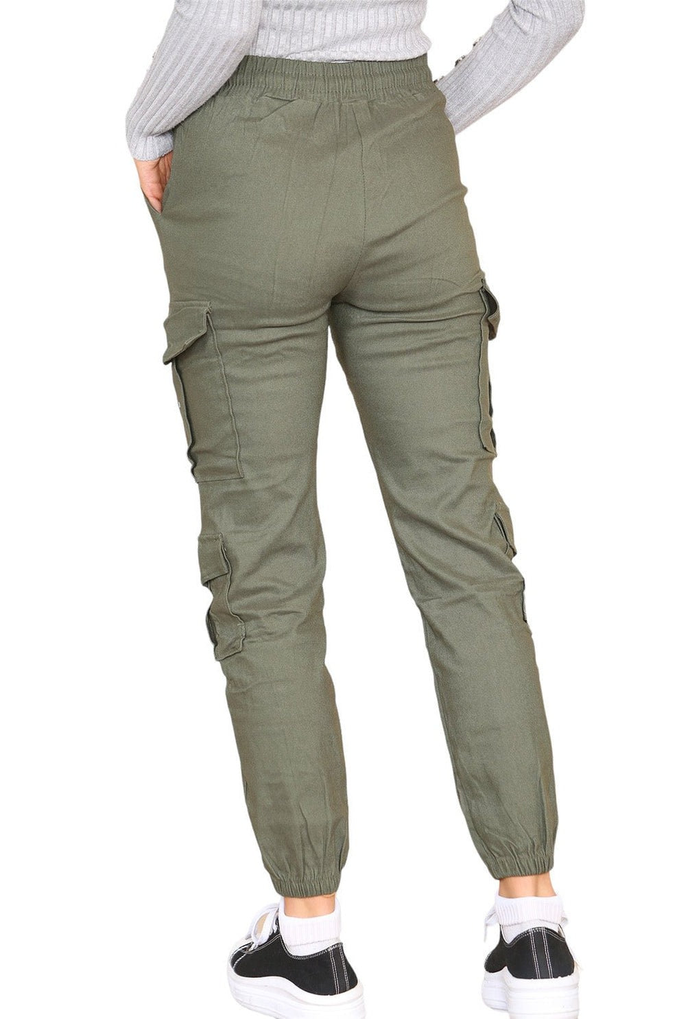 Cargo Pockets Pants Women High Waist Cropped Slim Fit Trouser