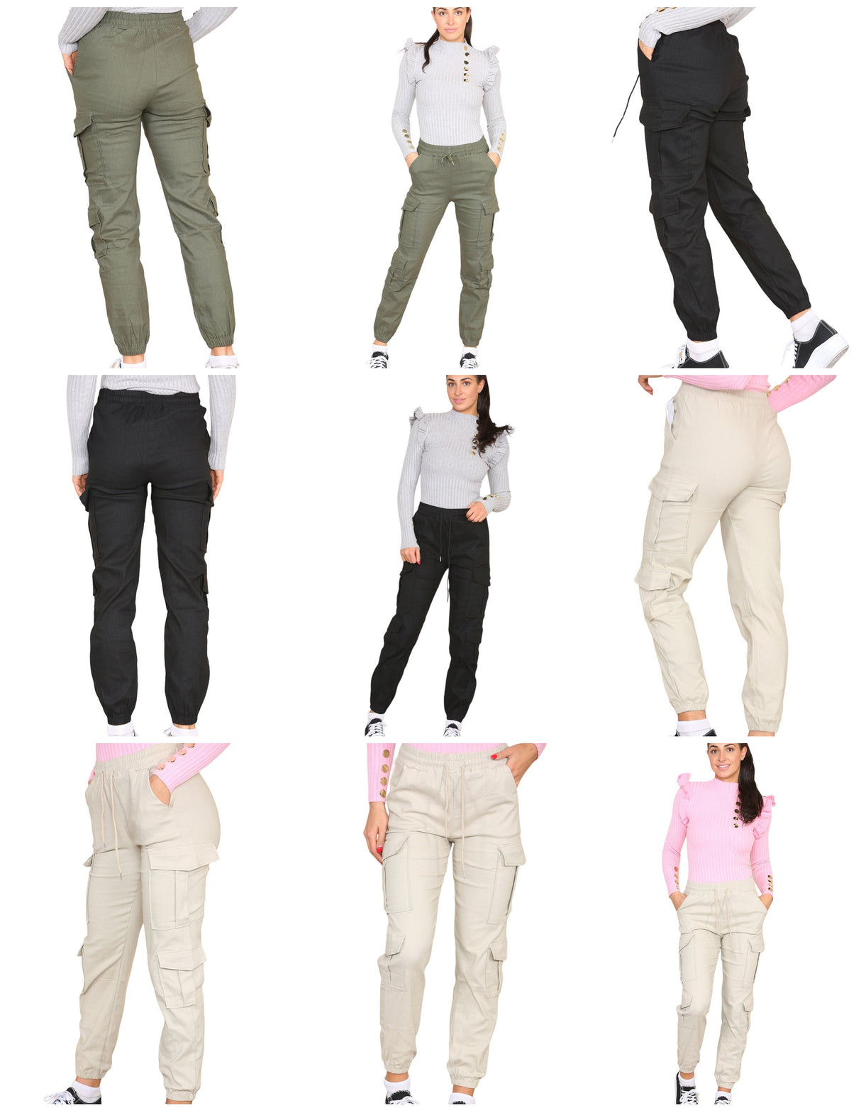 Cargo Pockets Pants Women High Waist Cropped Slim Fit Trouser