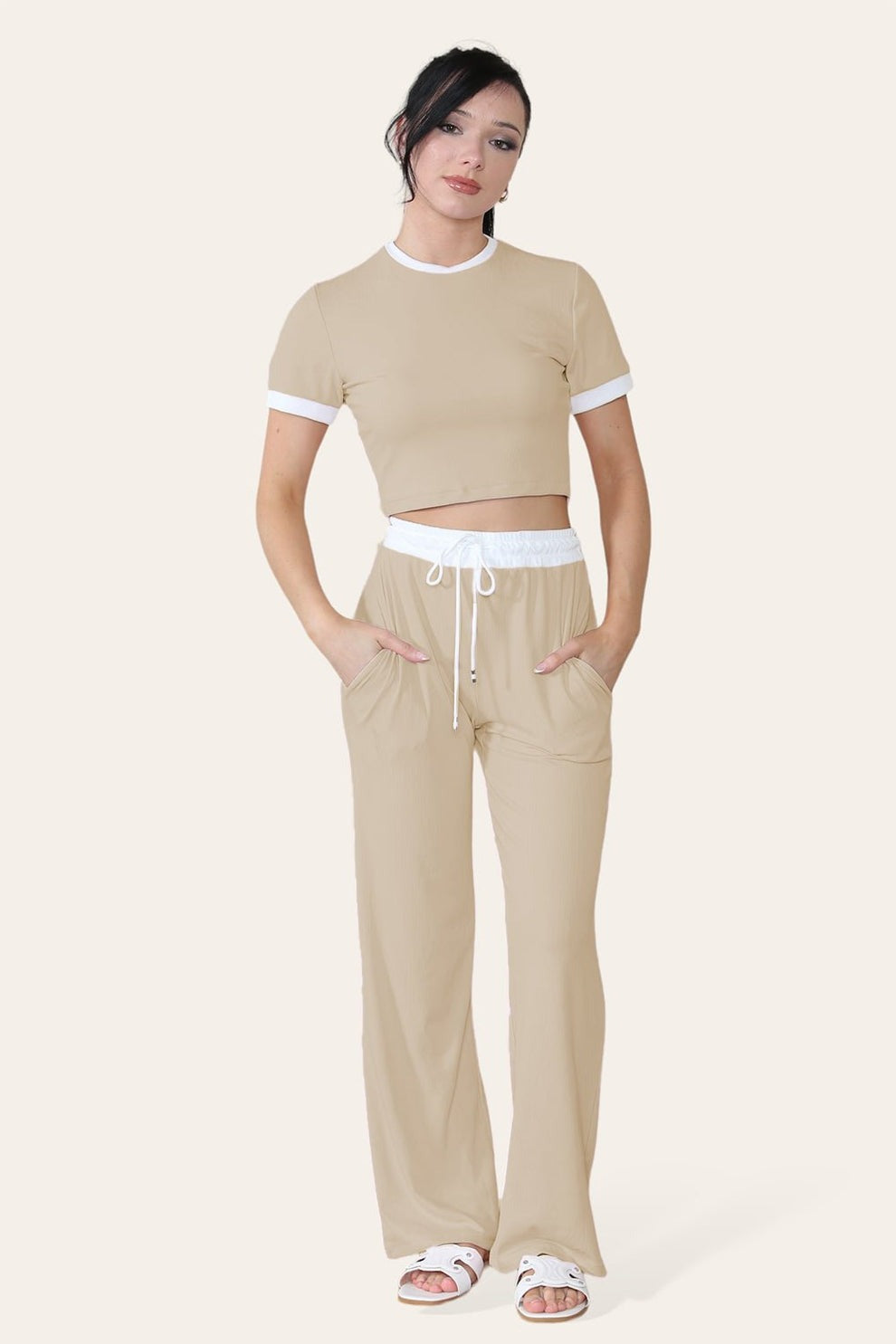 Ribbed Contrast Wide Leg Flared Trousers And Top Loungewear TRS Cropped Set