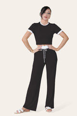 Ribbed Contrast Wide Leg Flared Trousers And Top Loungewear TRS Cropped Set