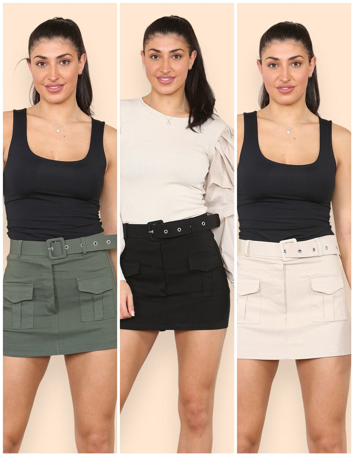 Multi trend  A stylish pair of cargo skorts that combine the look of a skirt with the practicality of shorts. The design features a belt at the waist for a customized fit, and multiple cargo-style pockets for a utilitarian touch. The skorts offer a trendy yet functional look, perfect for casual outings or adventures.