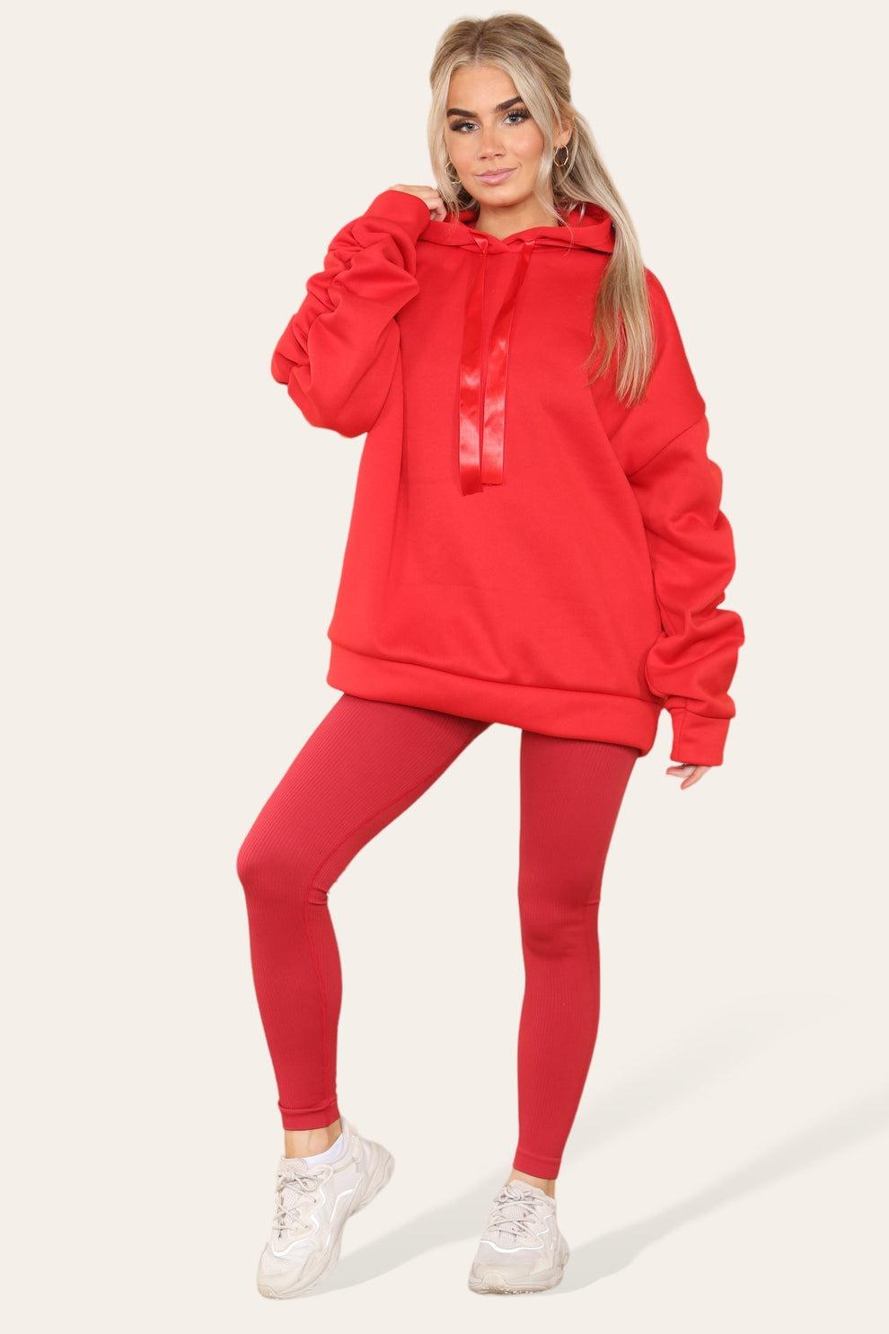 Oversized Ruched Sleeves Hoodie With Satin Ribbon - AApex Store 