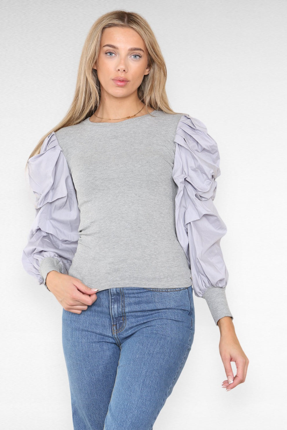 Oversized Puff Sleeves Ribbed Top - AApex Store 