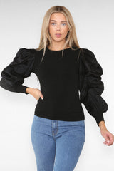 Oversized Puff Sleeves Ribbed Top - AApex Store 