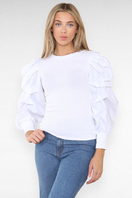 Oversized Puff Sleeves Ribbed Top - AApex Store 