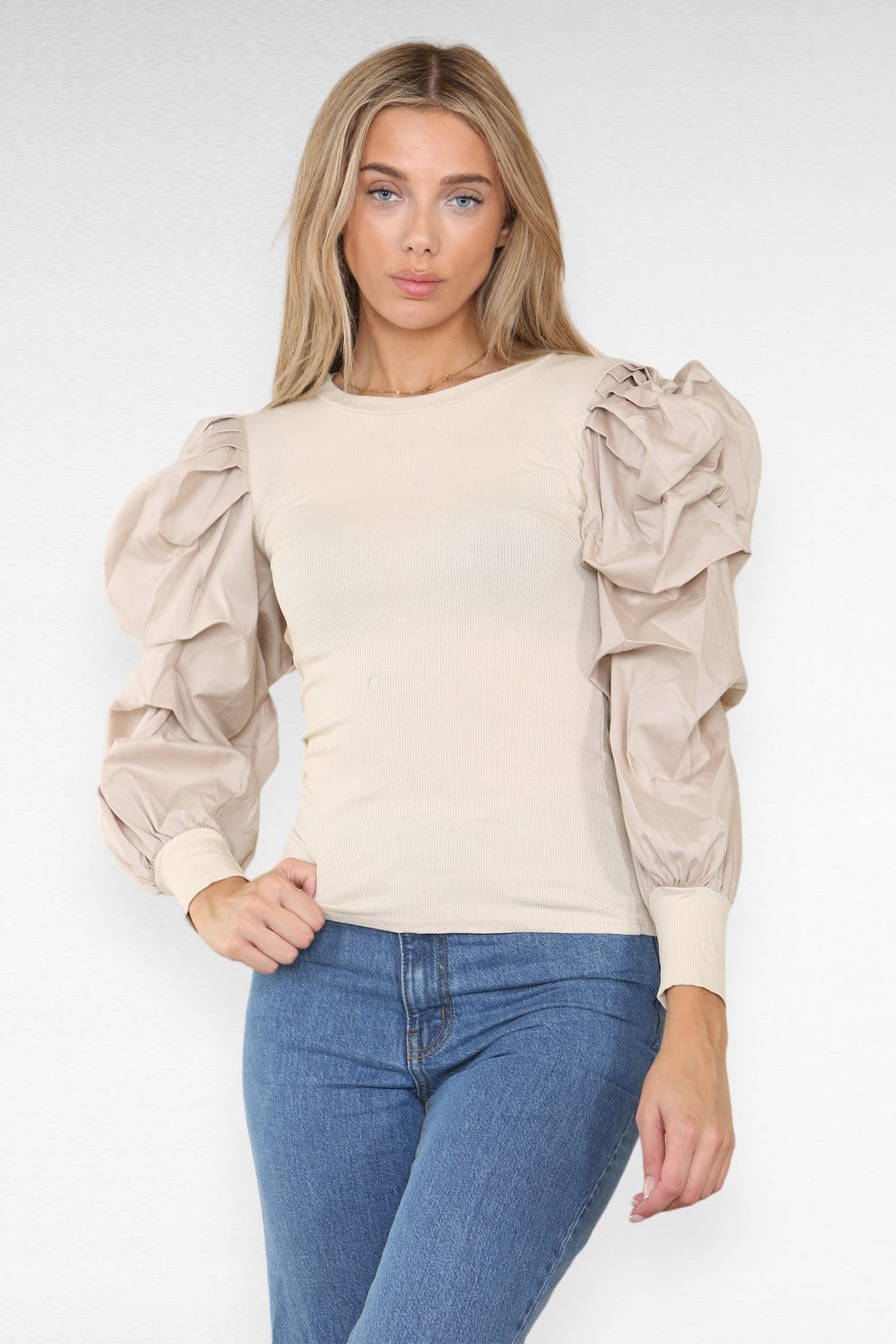 Oversized Puff Sleeves Ribbed Top - AApex Store 