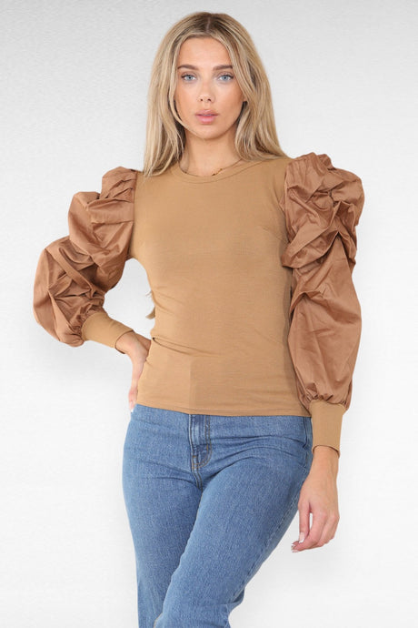 Oversized Puff Sleeves Ribbed Top - AApex Store 